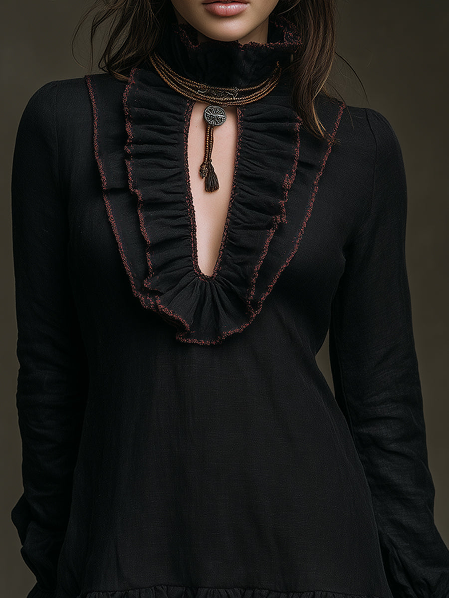 Retro Ruffled Placket Keyhole Neckline Cotton Blend Mini Dress