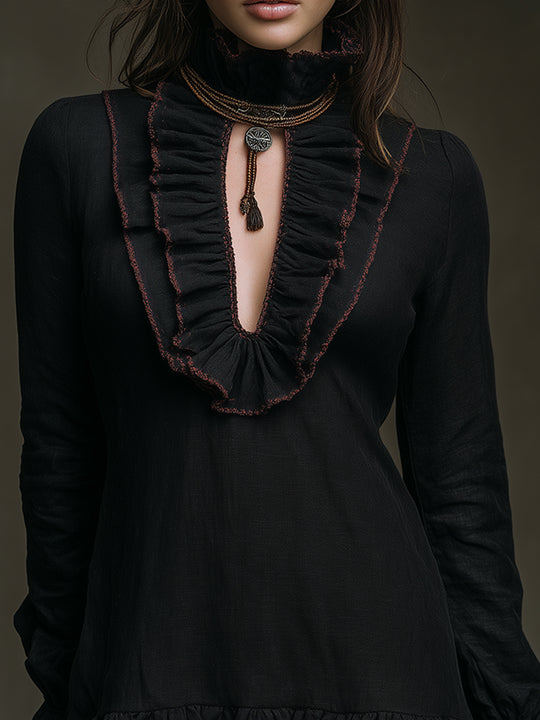 Retro Ruffled Placket Keyhole Neckline Cotton Blend Mini Dress