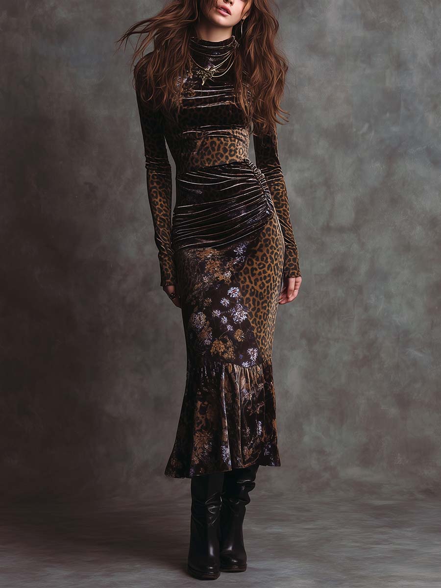 Retro Gothic Leopard Print And Floral Patchwork Velvet Maxi Dress