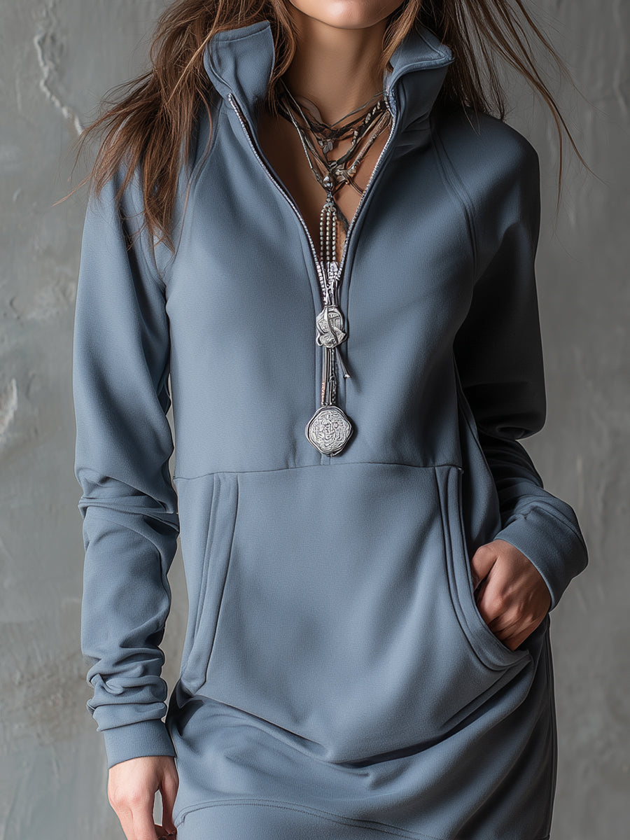 Stylish Fleece Stand Collar Kangaroo Pocket Sweatshirt Mini Dress