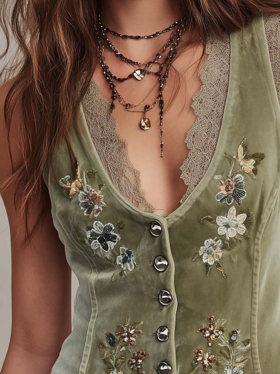 Embroidered Velvet Corset Vest With Lace Trim