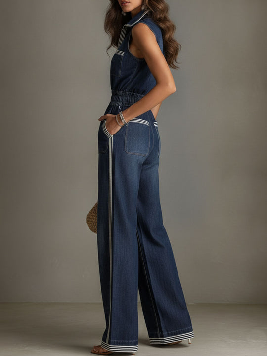 Retro Contrast Trim Denim Elastic Waist Zipper Wide-Leg Jumpsuit