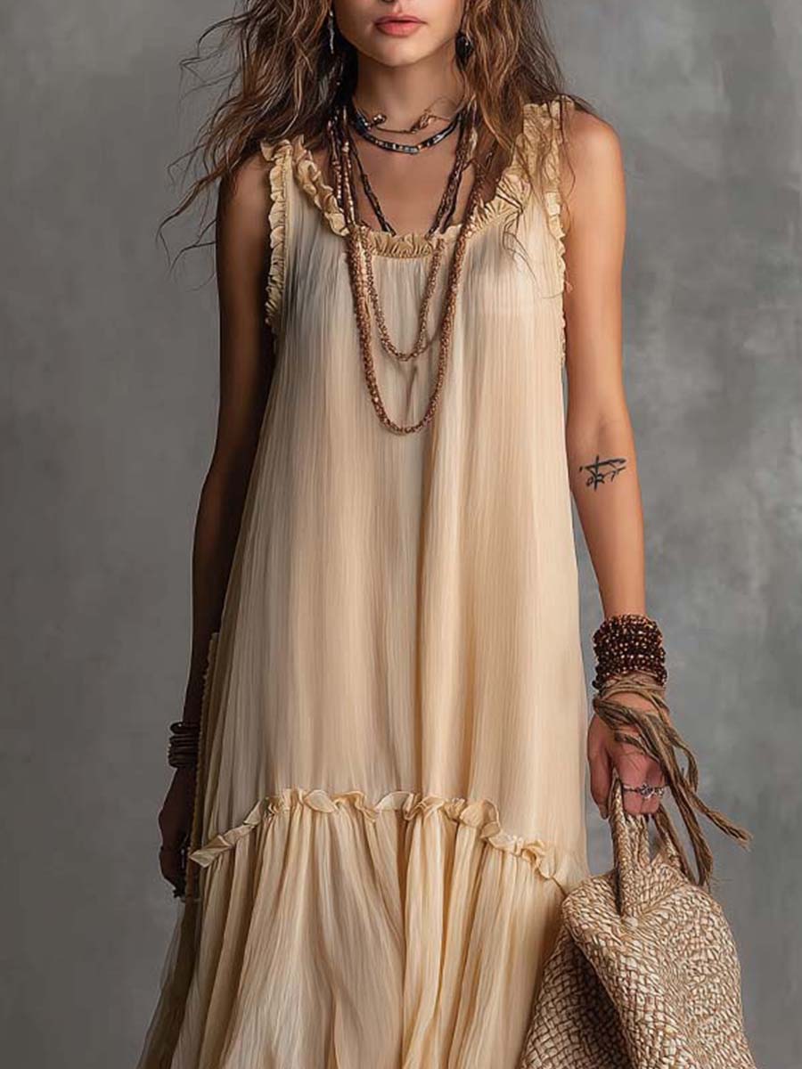 Soft Cream Vintage Flow Boho Tiered Ruffle Maxi Dress