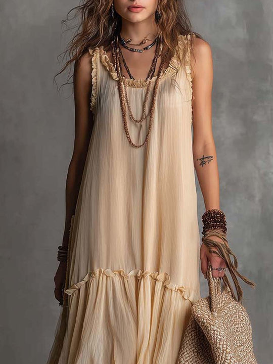 Soft Cream Vintage Flow Boho Tiered Ruffle Maxi Dress