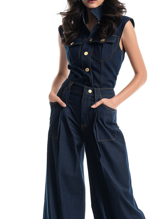 Dark Indigo Denim Two-Piece Set – Structured Sleeveless Shirt & Wide-Leg Pants