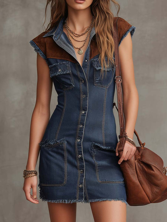 Retro Denim & Eco-Suede Patchwork Mini Dress