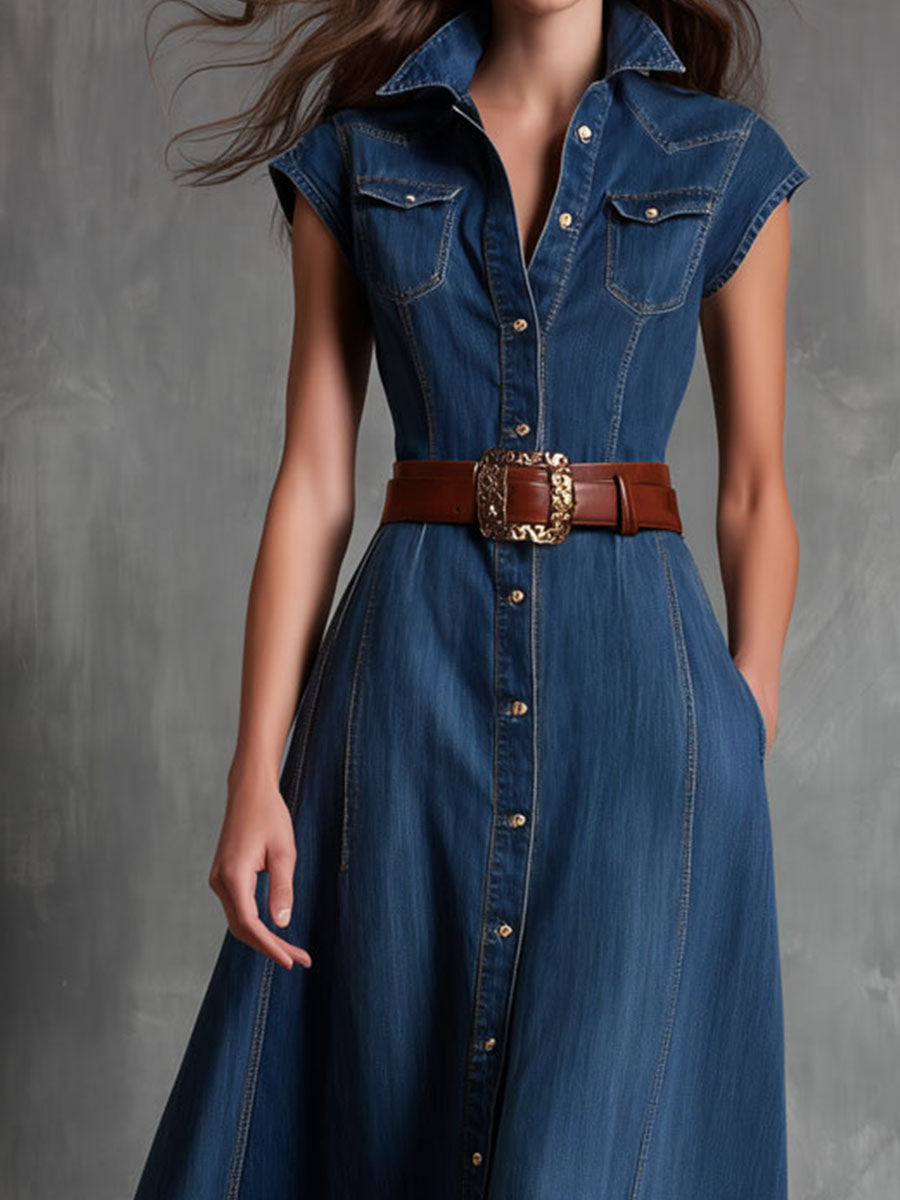 Retro Cap-Sleeve Button-Front Denim Shirt Maxi Dress