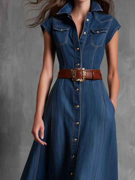 Retro Cap-Sleeve Button-Front Denim Shirt Maxi Dress