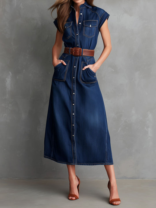 Retro Button-Front Denim Utility Pockets Shirt Midi Dress