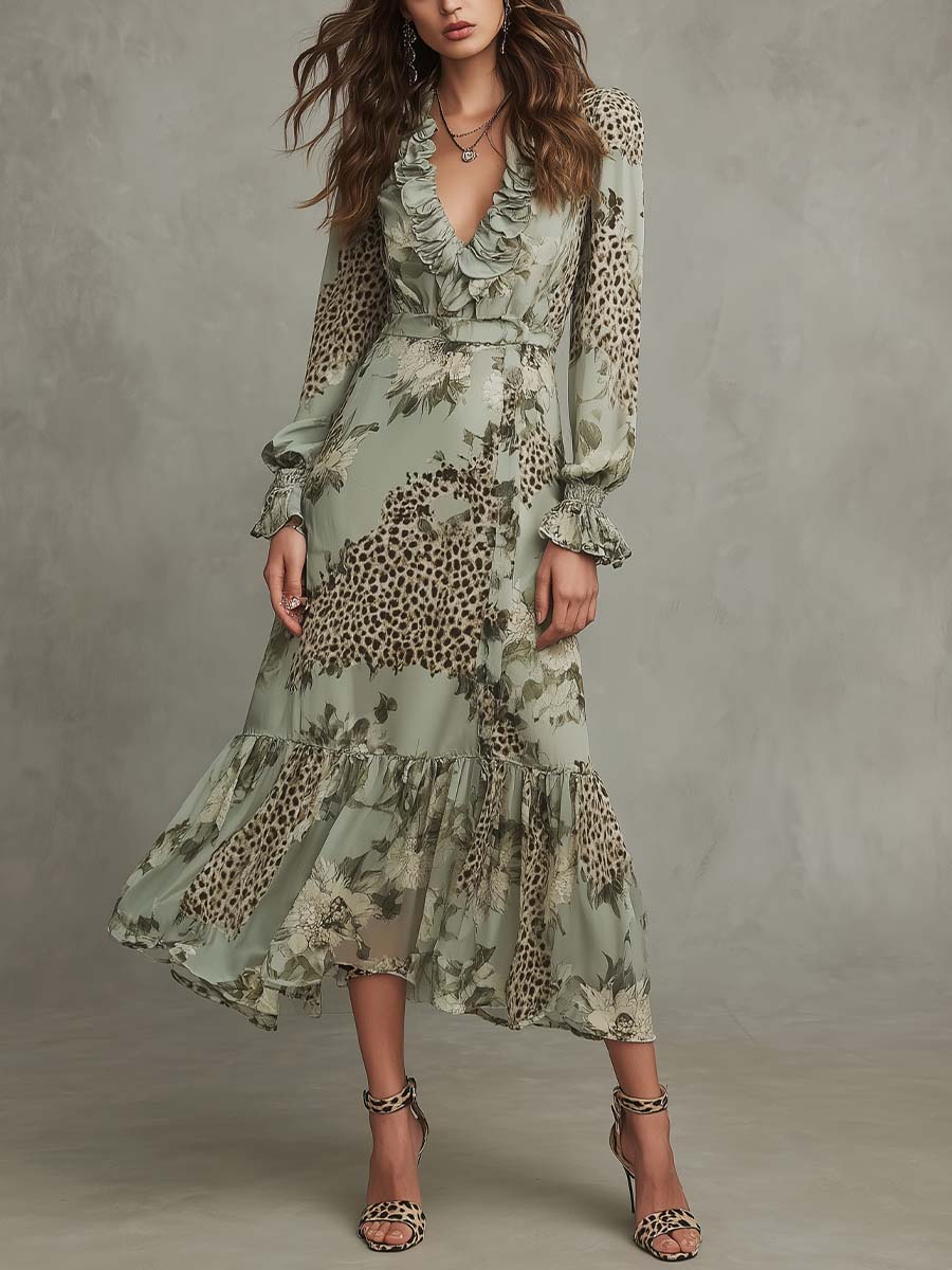 Boho Floral & Leopard Patchwork Ruffle Midi Dress