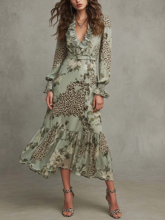 Boho Floral & Leopard Patchwork Ruffle Midi Dress