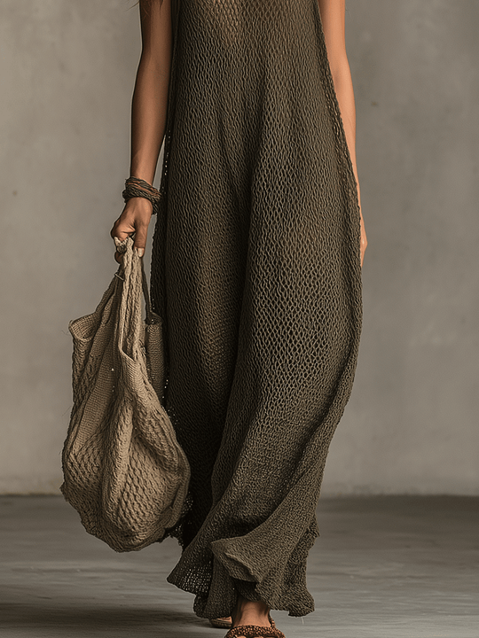 Bohemian Relaxed Sleeveless Wide-Leg Olive Knit Maxi Dress