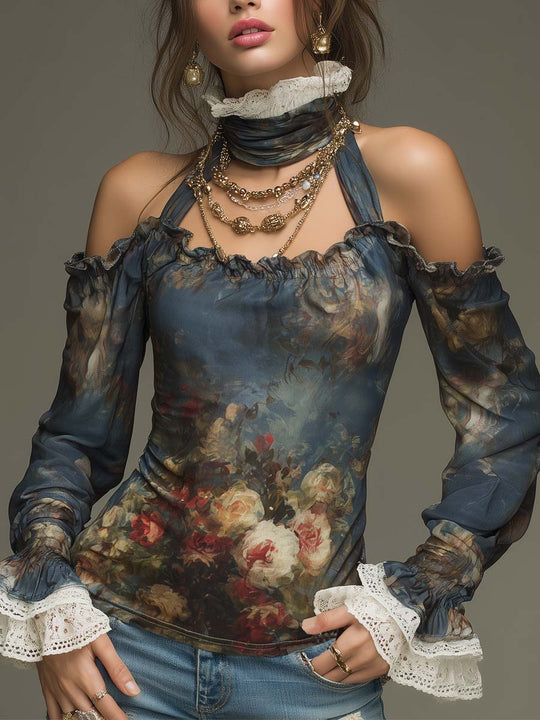 Retro Cold-shoulder Oil Painting Style Blouse