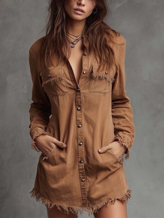 Pure-Cotton Denim Shirt Dress With Raw-Edge Trim