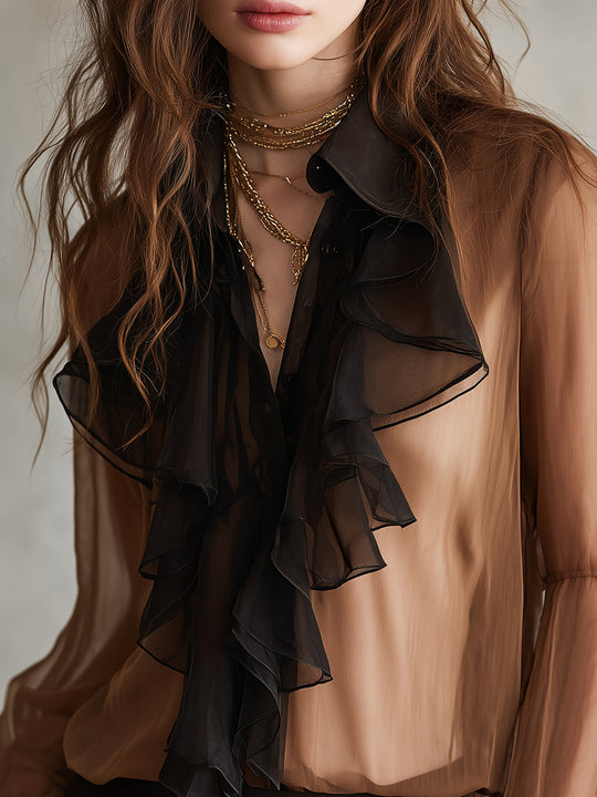 Retro Contrasting Double Layer Chiffon Ruffle Bell Sleeves Blouse