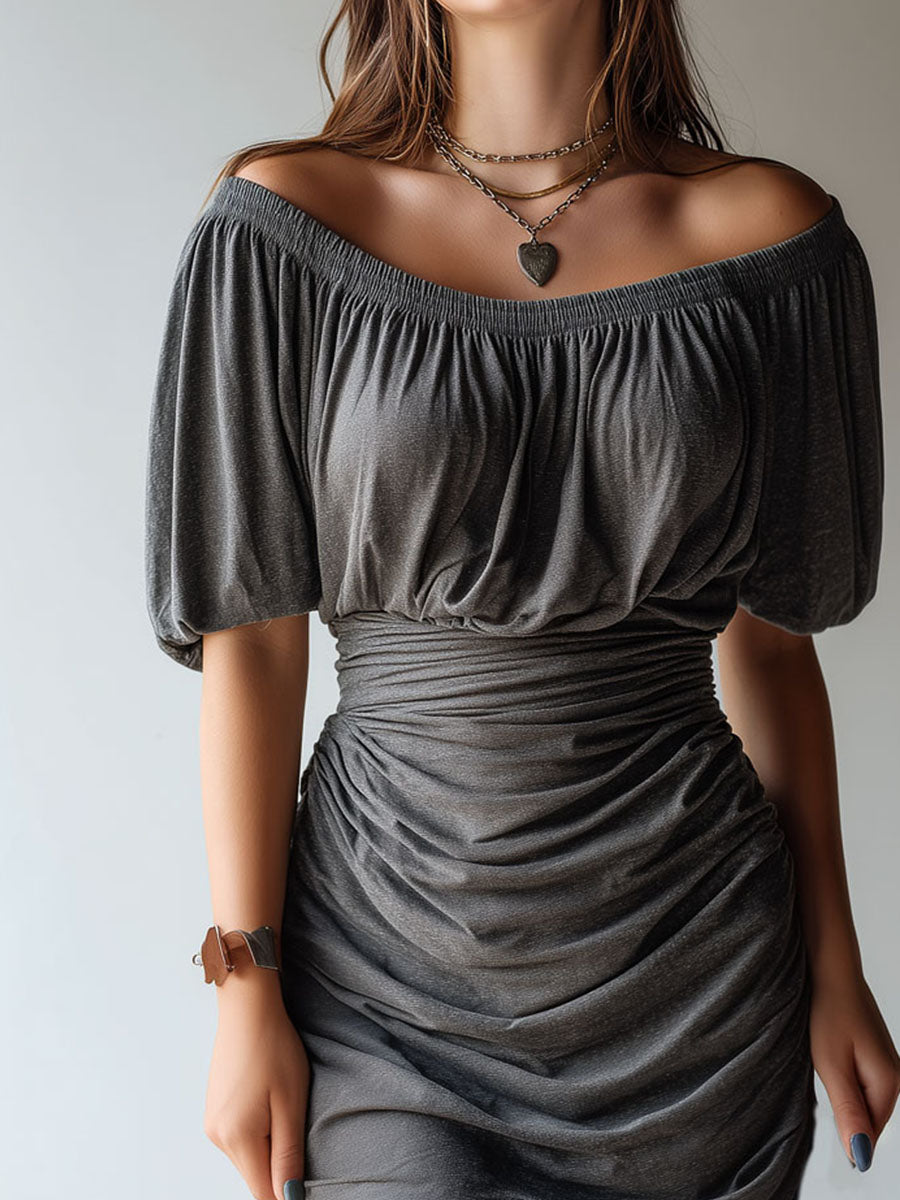 Chic Charcoal Off-the-Shoulder Ruched Mini Dress