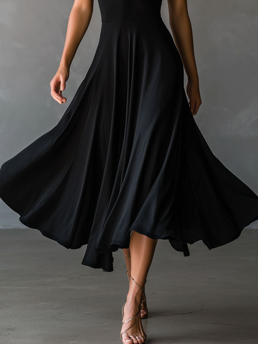 Retro Elegant Black Keyhole Halter Neck A-Line Midi Dress