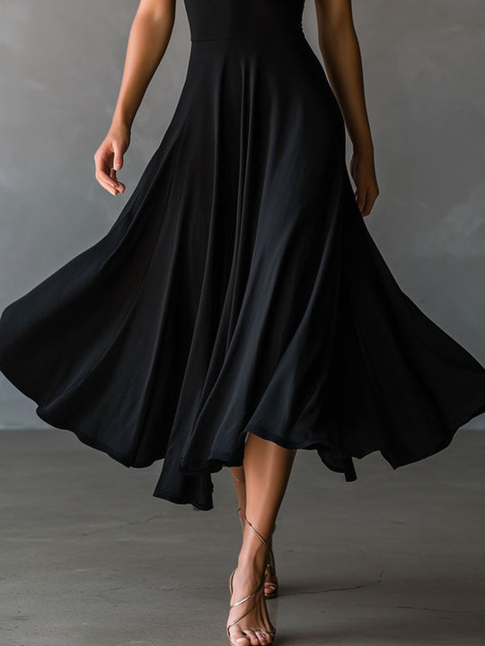Retro Elegant Black Keyhole Halter Neck A-Line Midi Dress