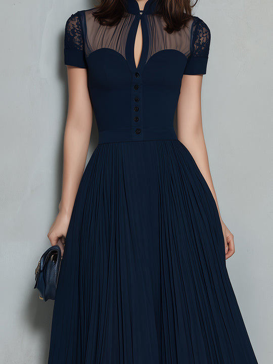 Elegant Keyhole Collar Pleated A-line Midi Dress