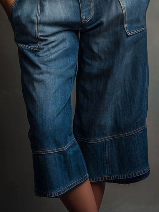 Vintage Casual Denim Wide-Leg Culotte Pants