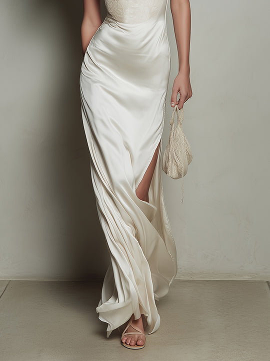 Elegant Satin Lace Paneled Suspender Hem Slit Maxi Dress