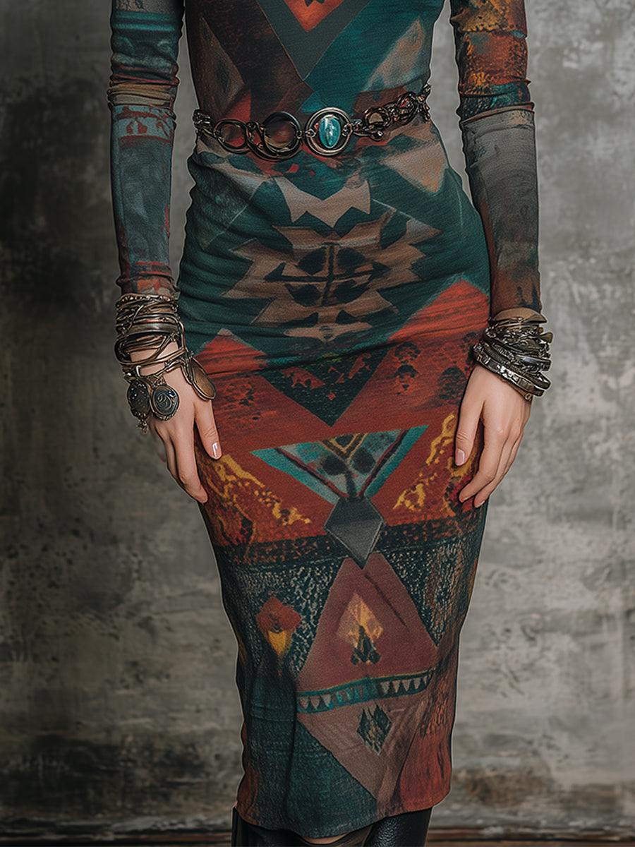 Bohemian Ethnic Style Printed Slim Knitted Midi Dress