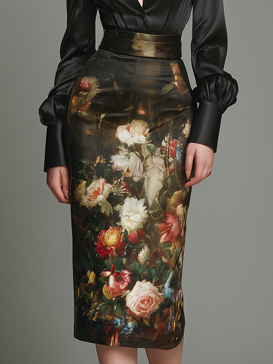 Elegant Satin Midi Dress With Oil Painting-style Floral Print