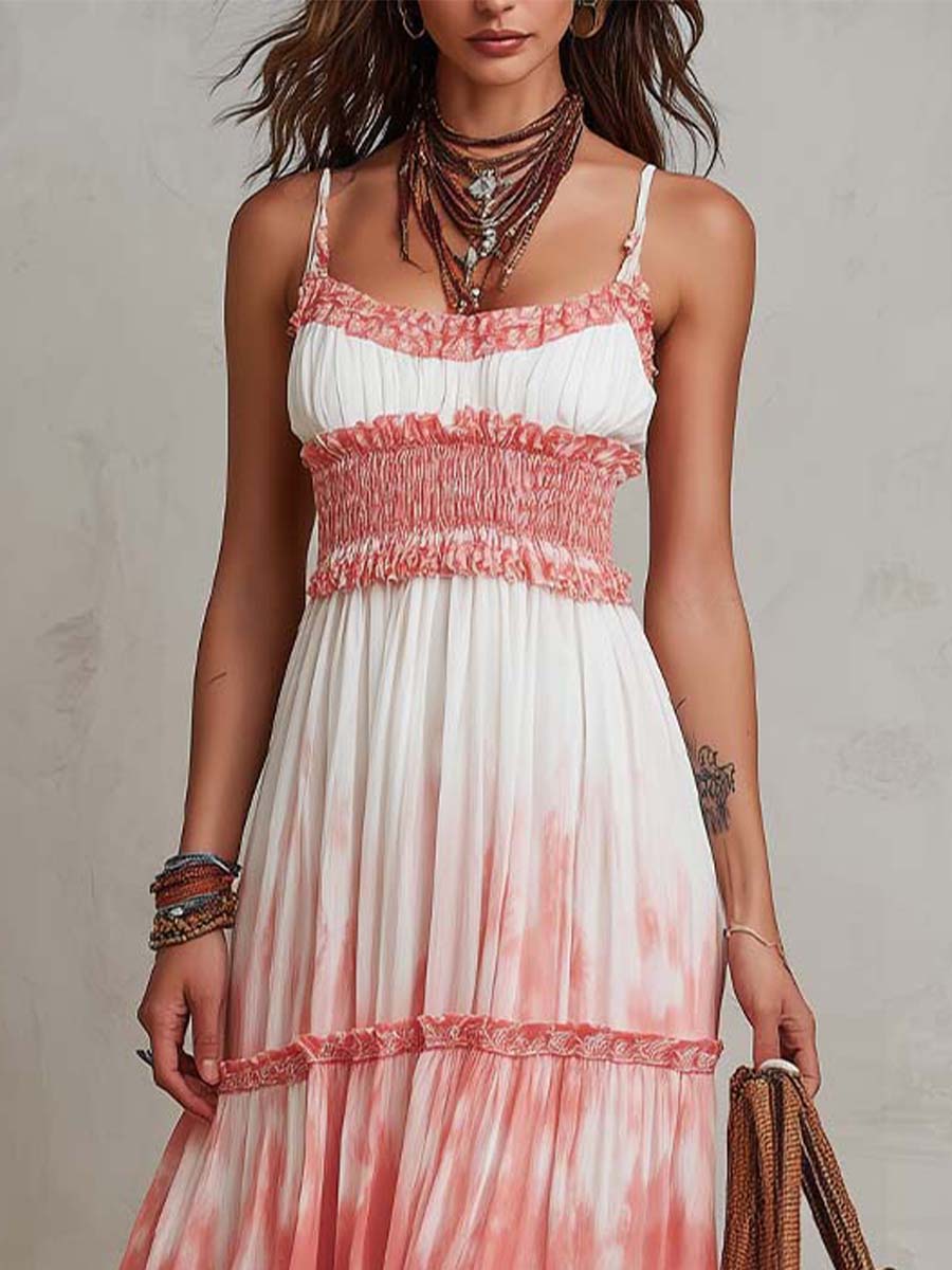 Bohemian Ombré Print Smocked Maxi Dress