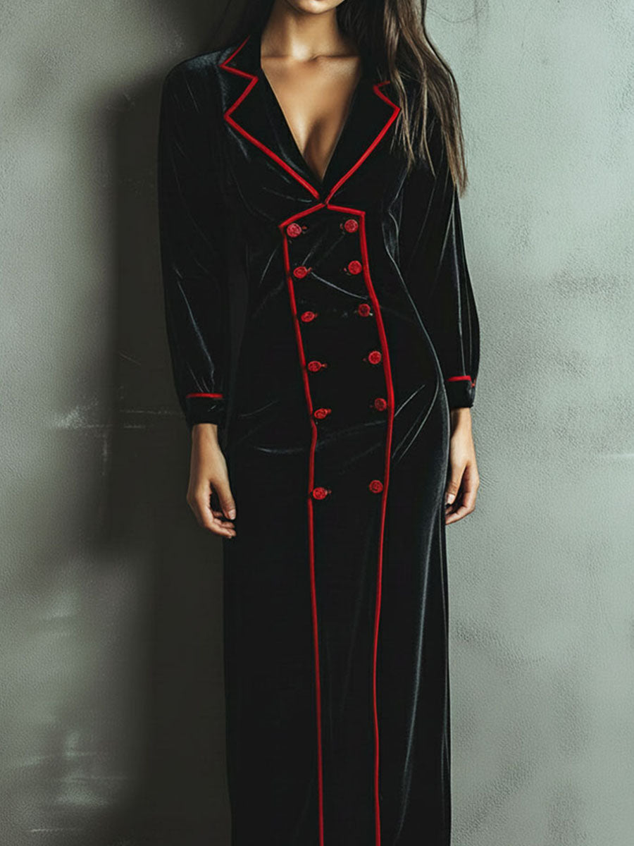 Deep V Double-Breasted  Velvet Long Blazer Dress  With Red Trim And Buttons