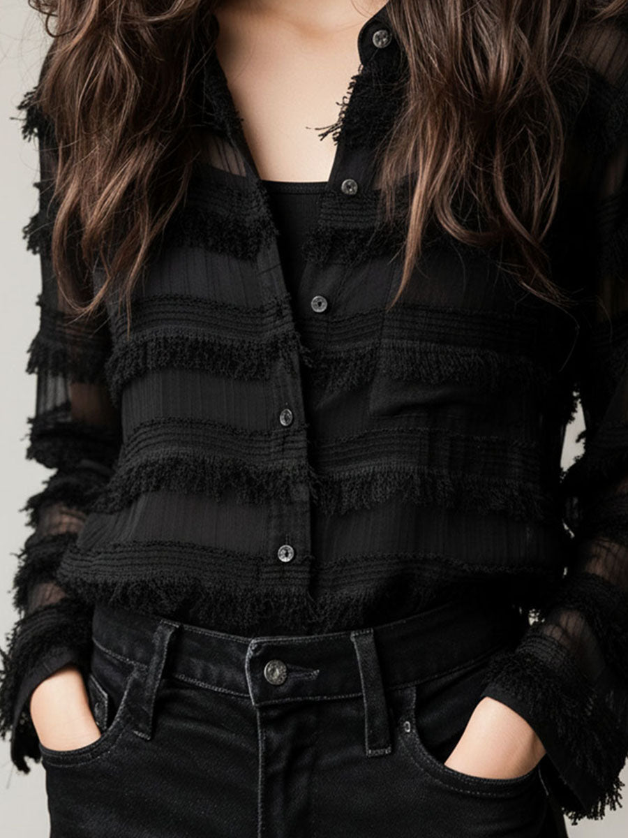 Chic Dual-Layer Black Sheer Textured Blouse & Satin Camisole Set