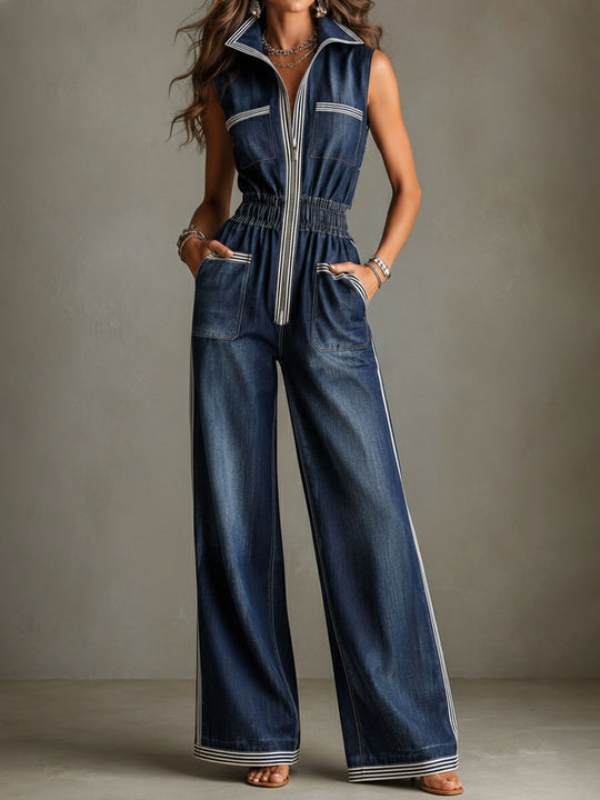 Retro Contrast Trim Denim Elastic Waist Zipper Wide-Leg Jumpsuit