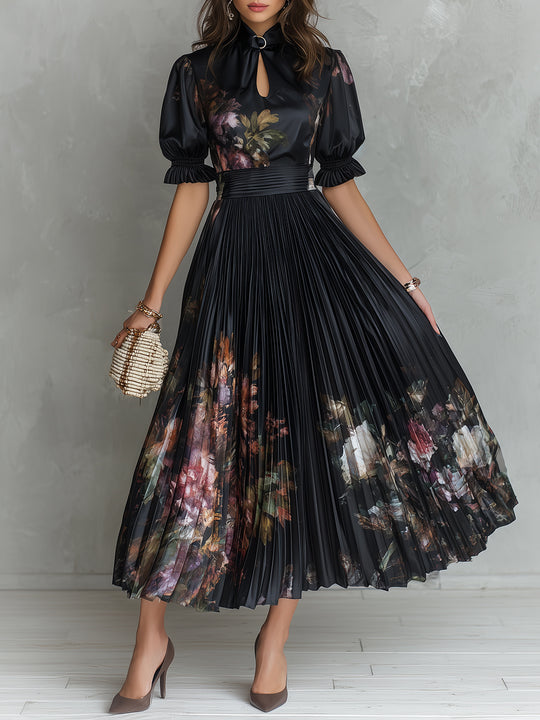 Retro Floral Print Keyhole Collar Pleated Satin Maxi Dress