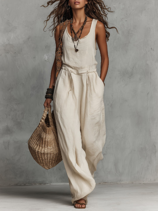 Bohemian Sleeveless Jumpsuit With Drawstring Waist