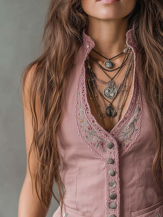 Retro Floral Embroidered Lace Trim Cotton Linen Vest