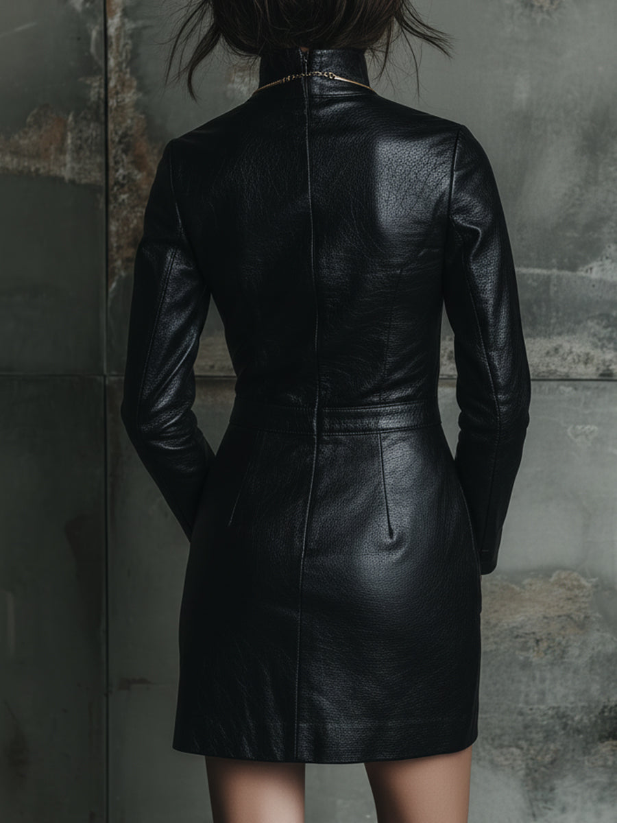 Retro Eco-friendly Leather Stand-up Collar Patch Pocket Mini Dress