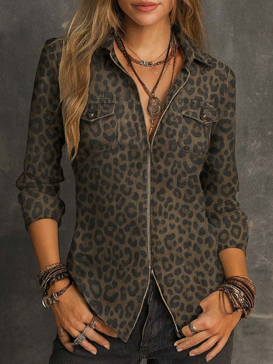 Vintage Distressed Leopard Print Zipper Denim Blouse
