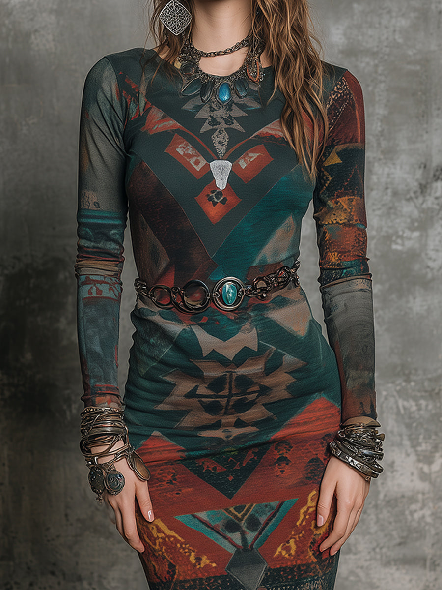 Bohemian Ethnic Style Printed Slim Knitted Midi Dress