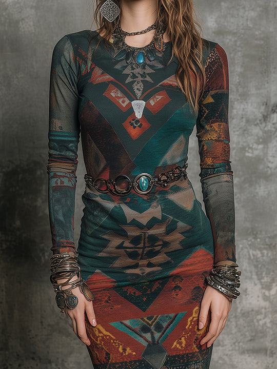 Bohemian Ethnic Style Printed Slim Knitted Midi Dress