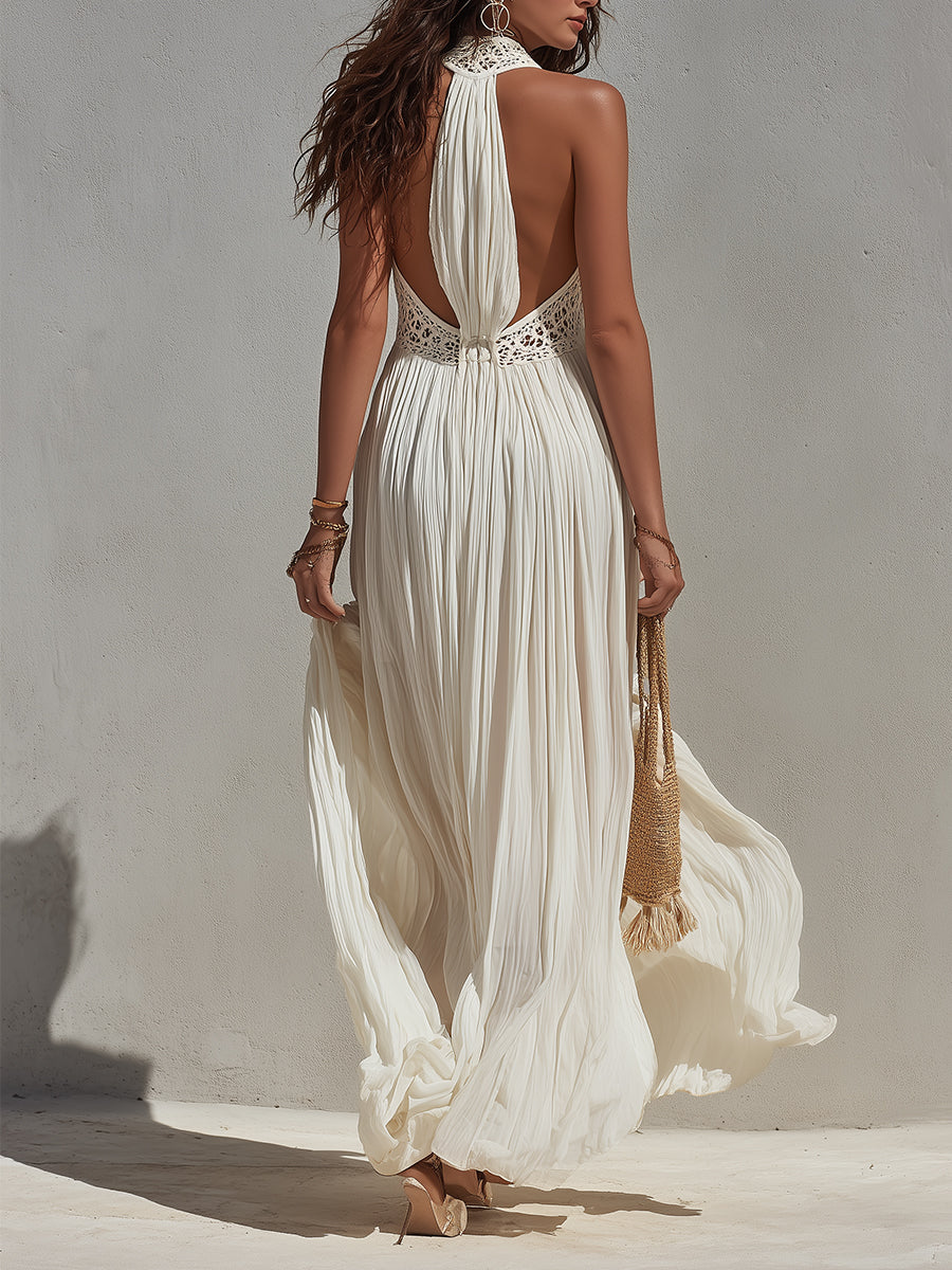 Bohemian Holiday Keyhole Neck Pleated Maxi Dress With Lace