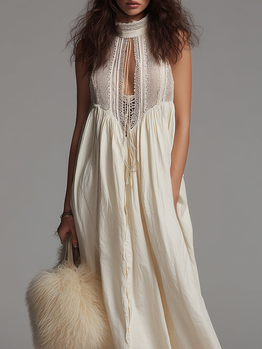 Bohemian Cotton Maxi Dress With Keyhole Neckline And Lace Trim