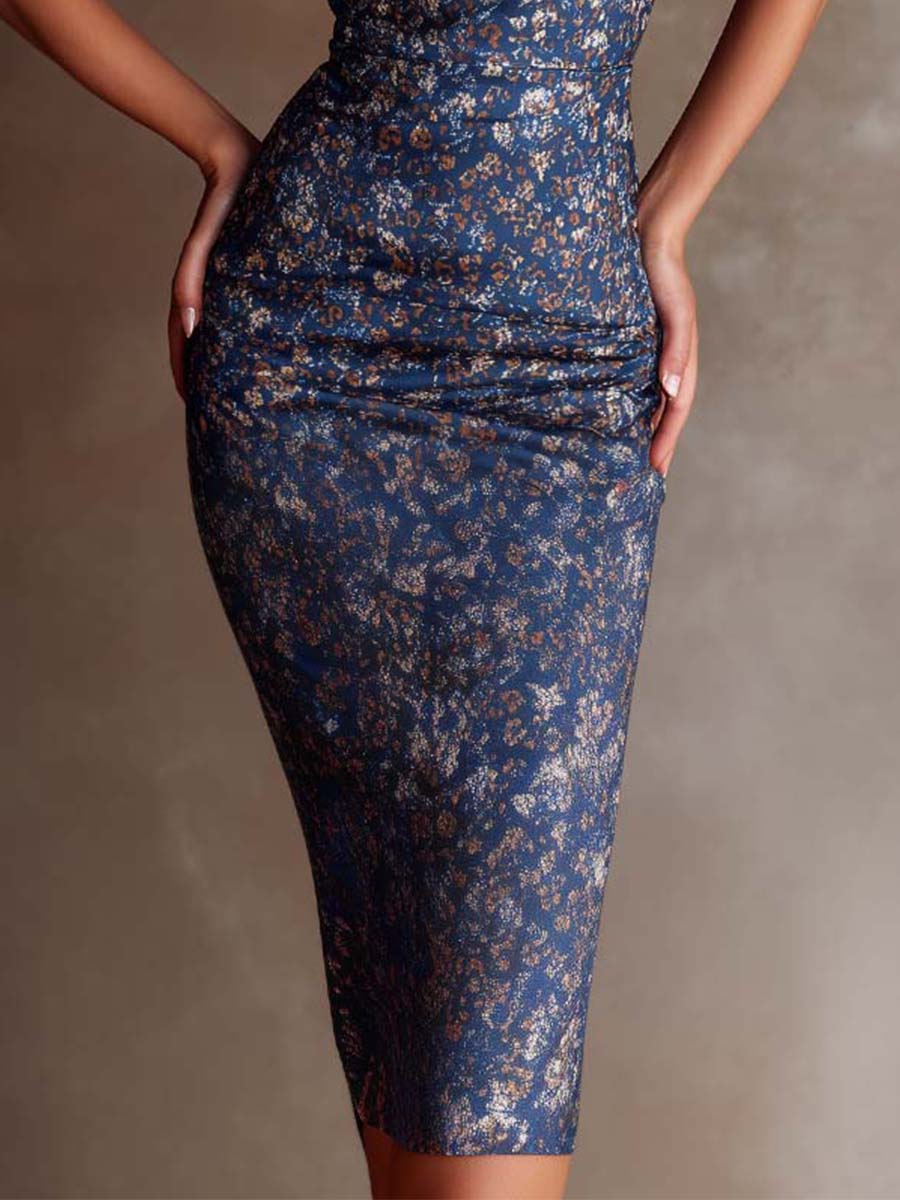 Midnight Blue Metallic Stretch Halter Midi Dress