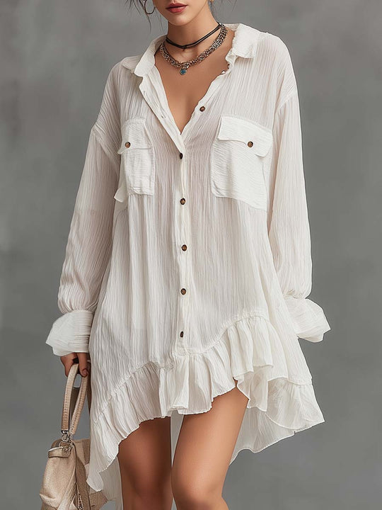 Retro Oversize Ruffle Hem Mini Dress