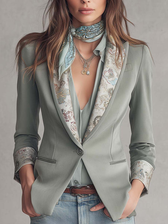 Satin-Trim Printed Lapel Tailored Blazer