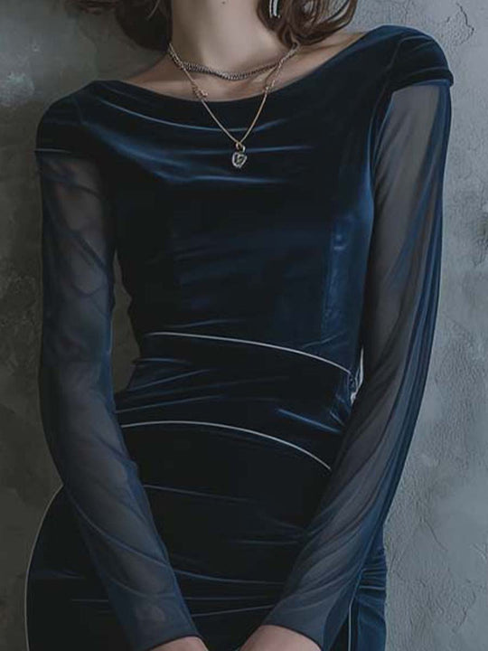 Deep Blue Velvet Bodycon Dress With Sheer Long Sleeves