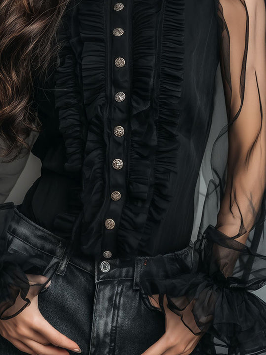 Vintage High Neck Black Sheer Organza Blouse With Ruffle Trim