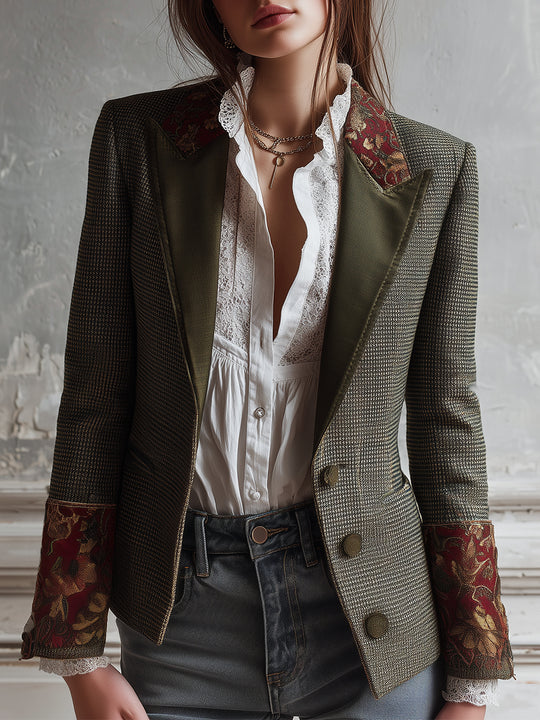 Bohemian Wool Plaid Retro Flower Splicing Blazer