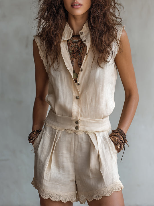 Retro Cotton Sleeveless Blouse & Shorts Set With Lace Trim