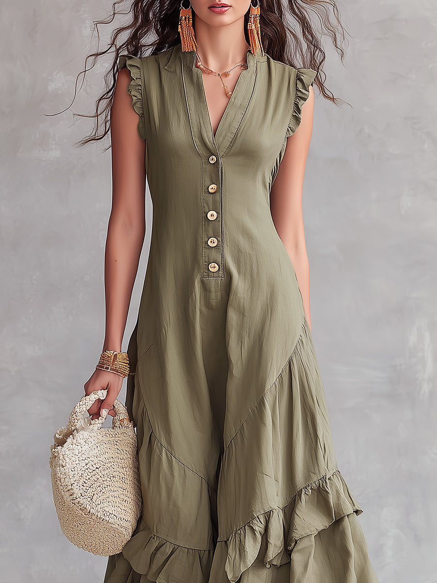 Retro V-neck Button Design Ruffled Hem Maxi Dress