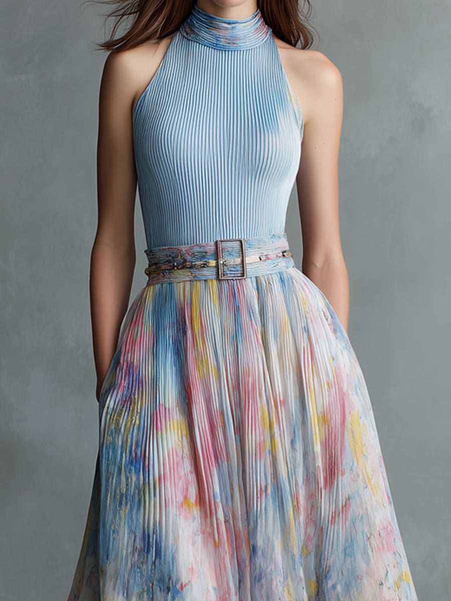 Elegant Sky Blue Halter Pleated Midi Dress With Watercolor Skirt