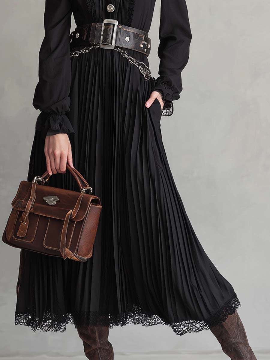 Vintage Button Lace Hem Pleated Midi Dress